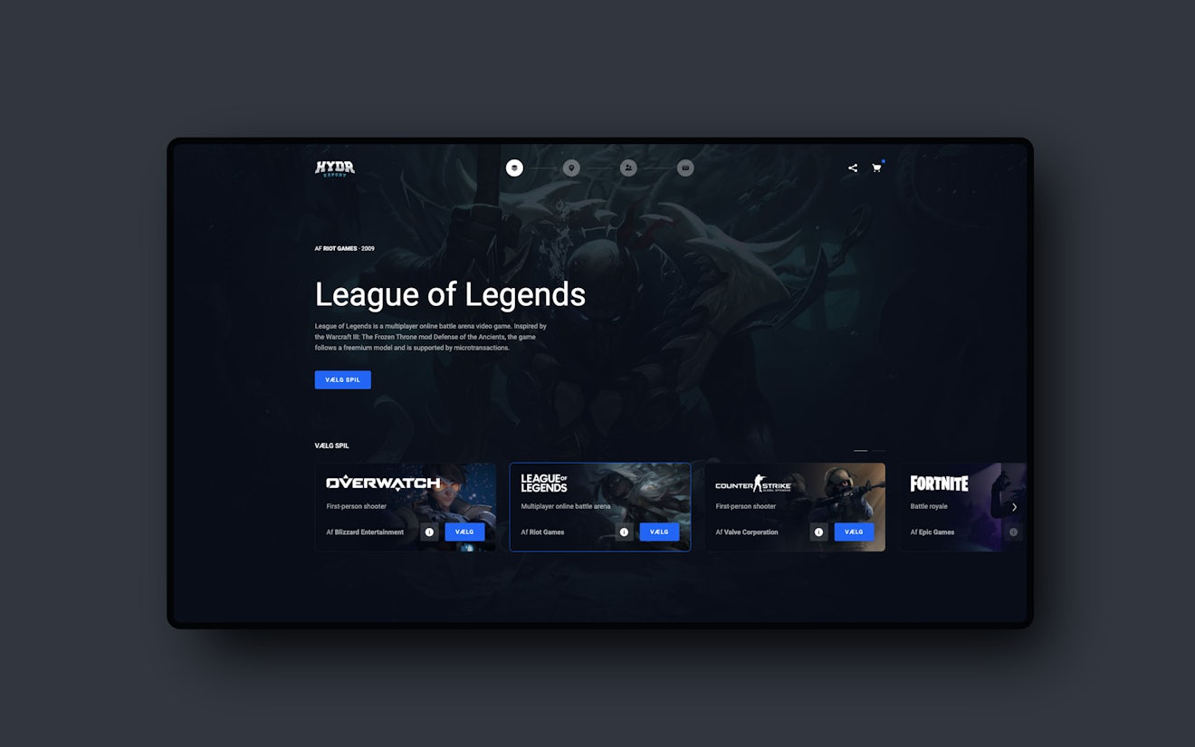 Screenshot of game selection in HYDR e-sport's onboarding flow