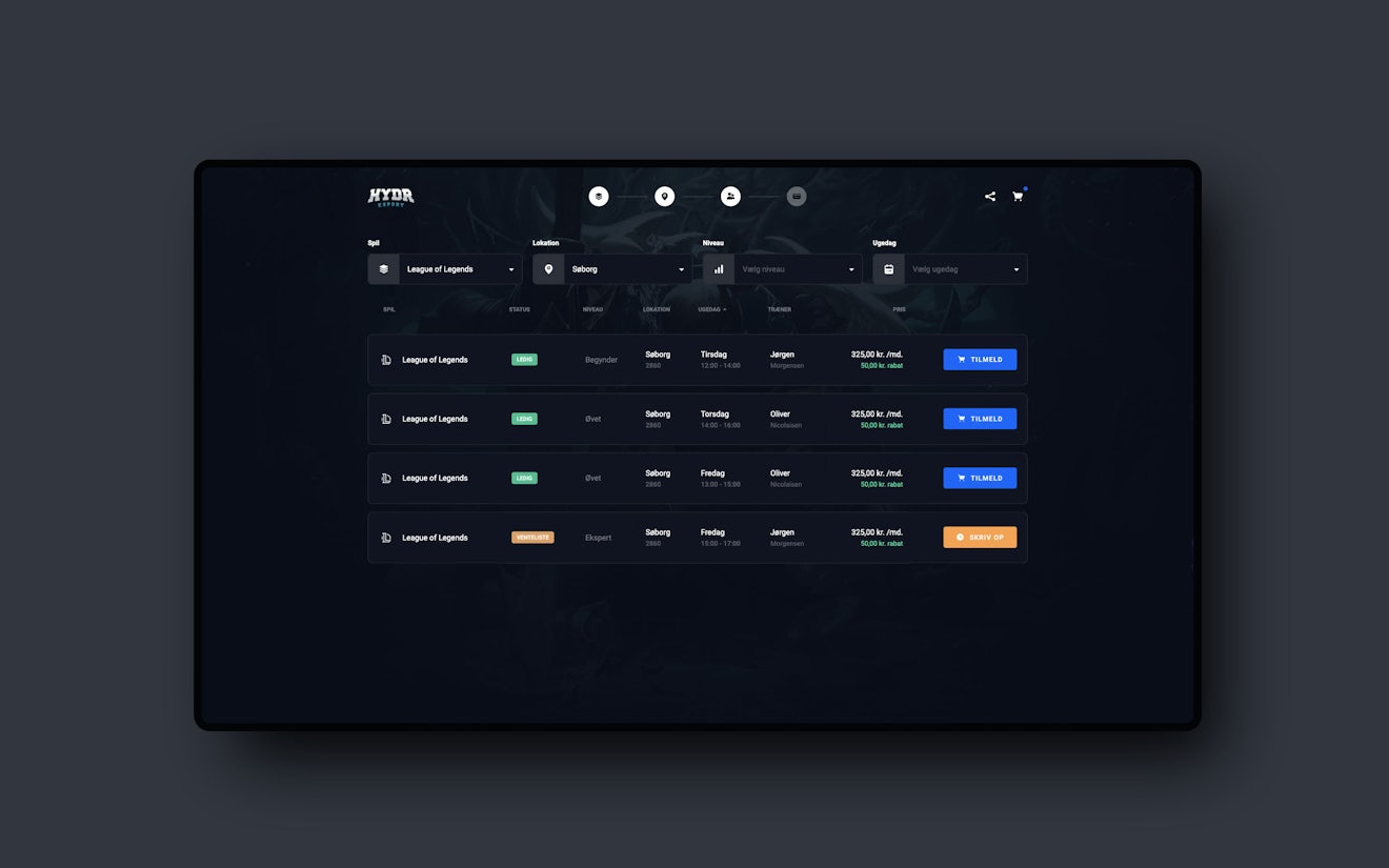 Screenshot of team selection in HYDR e-sport's onboarding flow