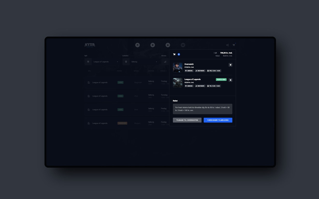 Screenshot of shopping cart overlay in HYDR e-sport's onboarding flow