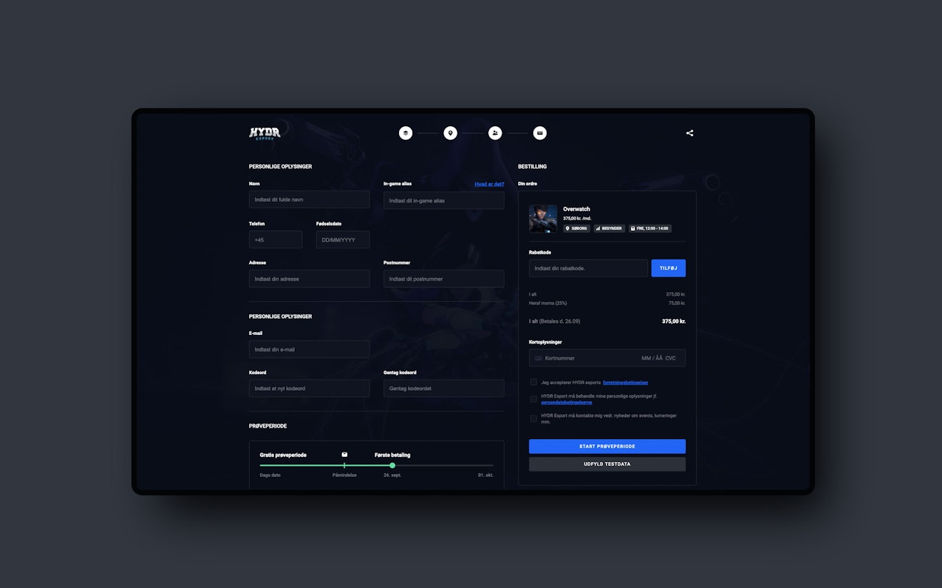 Screenshot of checkout page in HYDR e-sport's onboarding flow