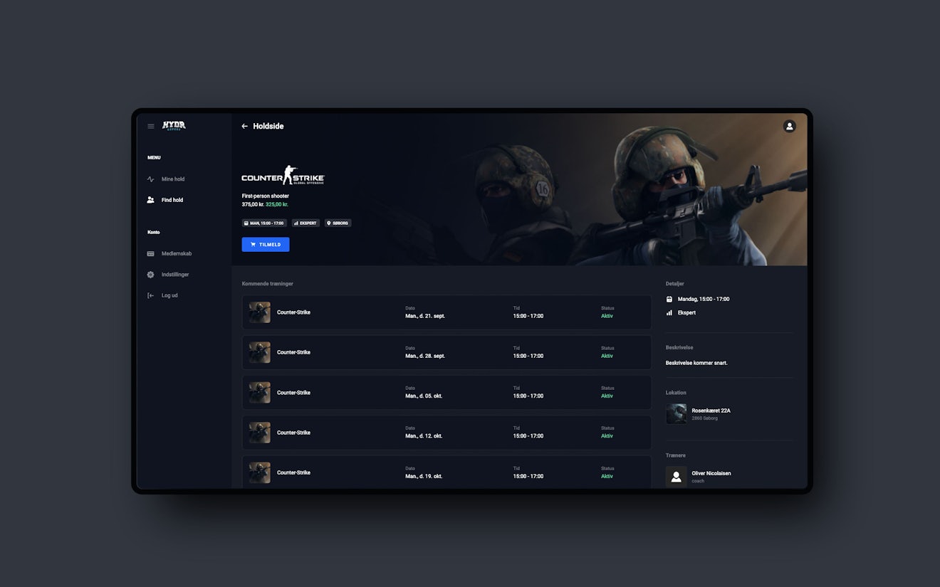 Screenshot of a team page in HYDR e-sport's app dashboard