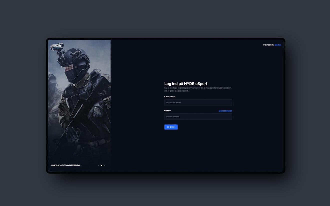 Screenshot of HYDR e-sport's login screen for the app dashboard