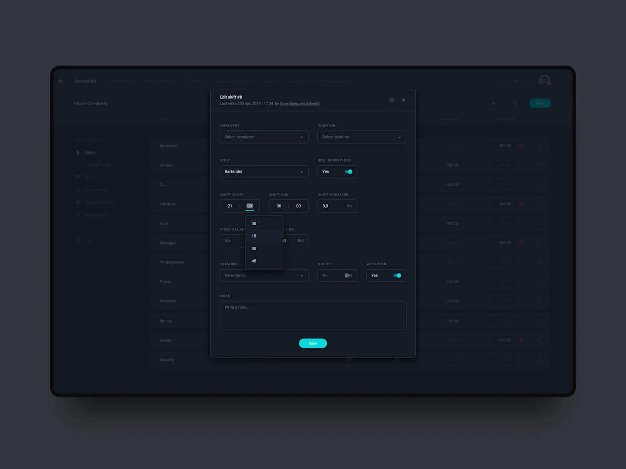 Mockup of the shift management feature in Nyx