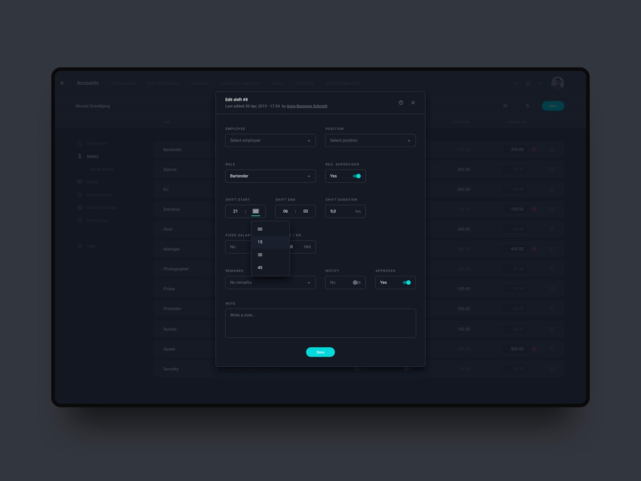 Mockup of the shift management feature in Nyx
