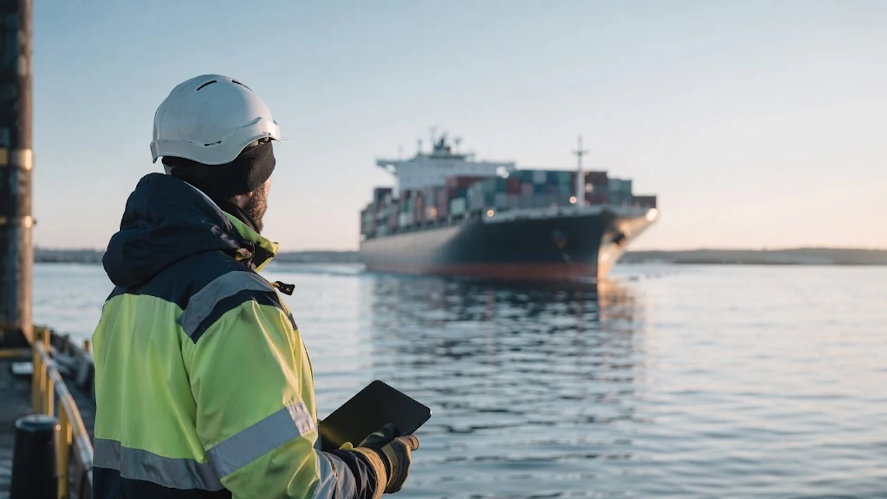 Maritime worker on a quay with a container ship in the background - case imagery for a policy and billing platform by Emil Rosenius