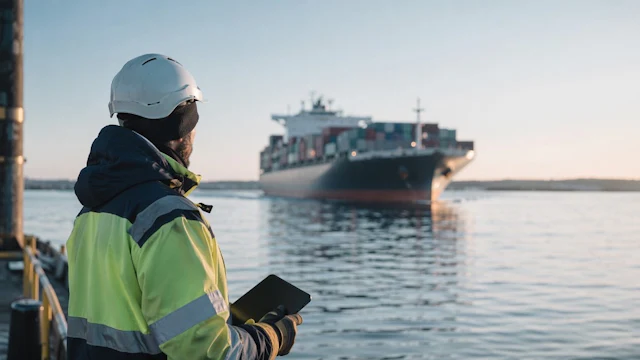 Maritime worker on a quay with a container ship in the background - case imagery for a policy and billing platform by Emil Rosenius